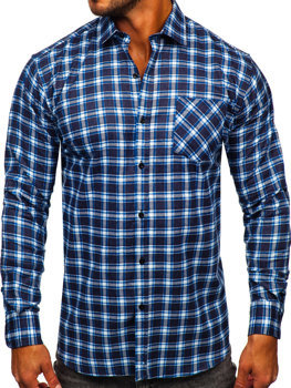 Camicia di flanella a quadri a maniche lunghe da uomo azzurro Bolf F3