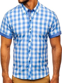 Camicia a scacchi a manica corta da uomo celeste Bolf 6522