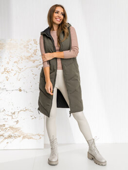 Donna Gilet trapuntato reversibile lungo con cappuccio Khaki Bolf B8022A1