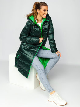Giacca lunga trapuntata invernale con cappuccio da donna verde Bolf J9063