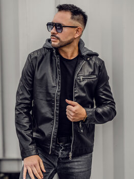 Uomo Giacca biker in pelle con cappuccio Nero Bolf 11Z8022