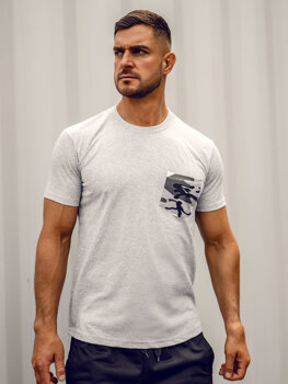 Uomo T-shirt in cotone stampato mimetico con tasca Grigio Bolf 14507A