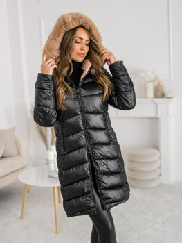 Giubbotto parka invernale lungo con cappuccio da donna nero Bolf B557