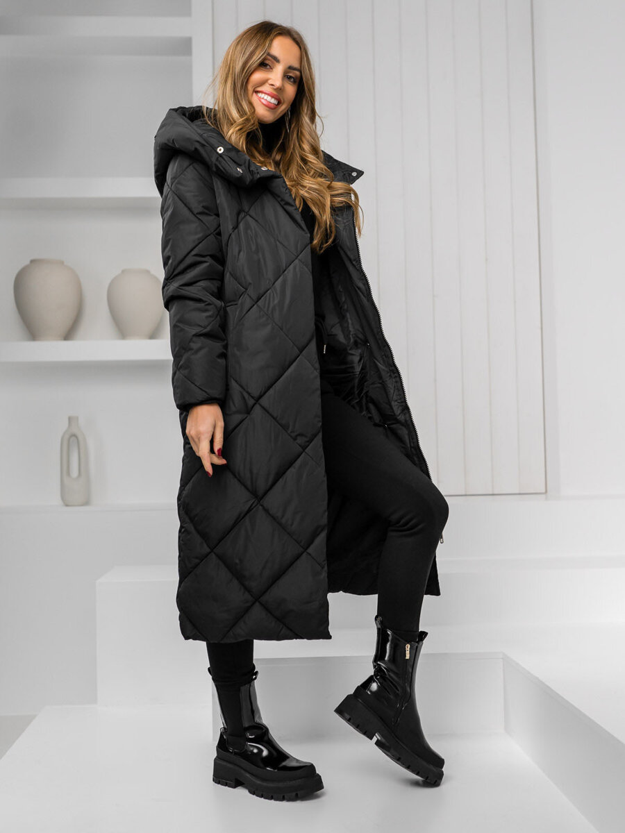 Giubbotto trapuntato lungo cappotto con cappuccio invernale da donna nero  Bolf 5M3162