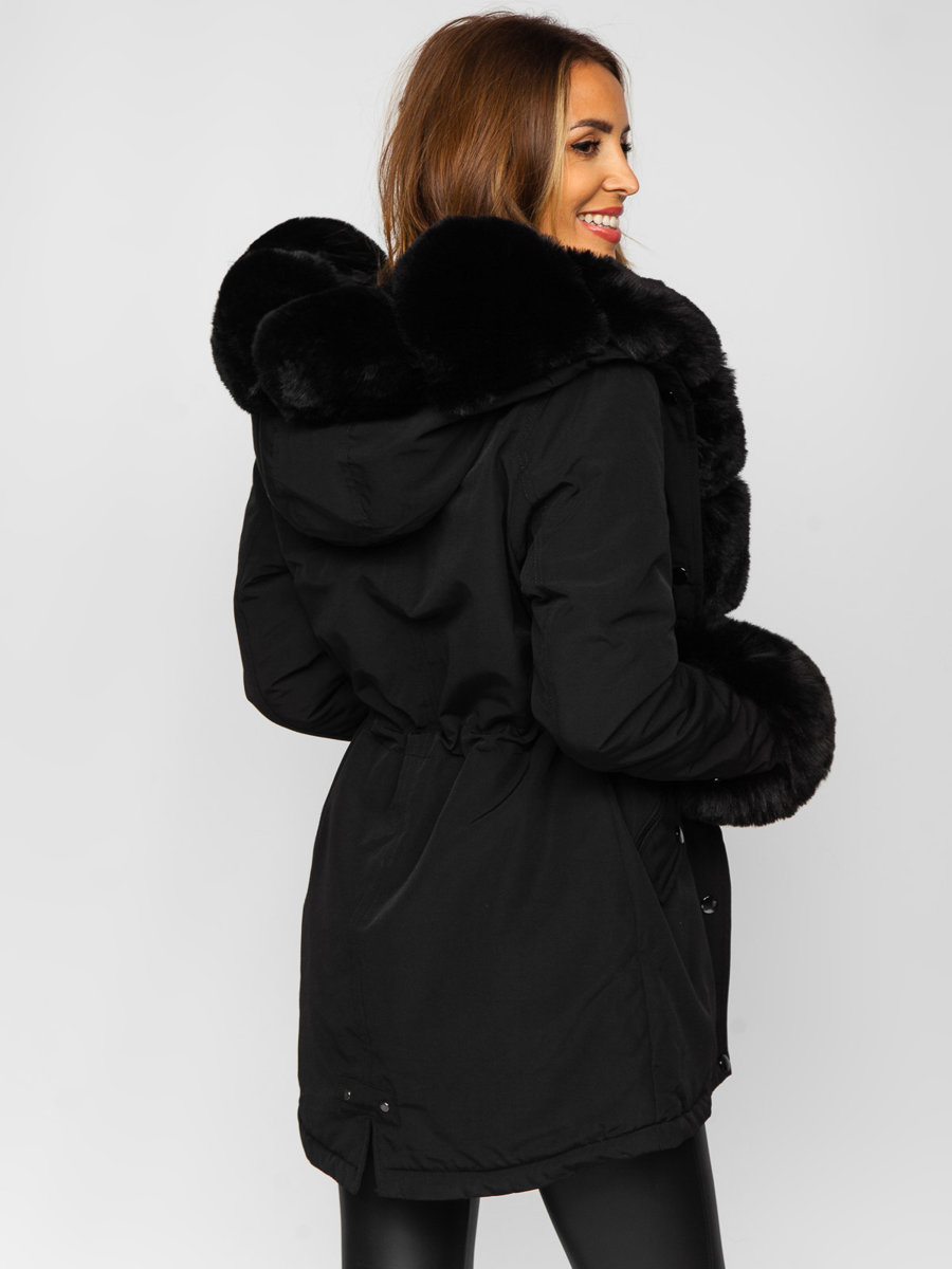 Giubbotto parka invernale lungo con cappuccio da donna nero Bolf B557