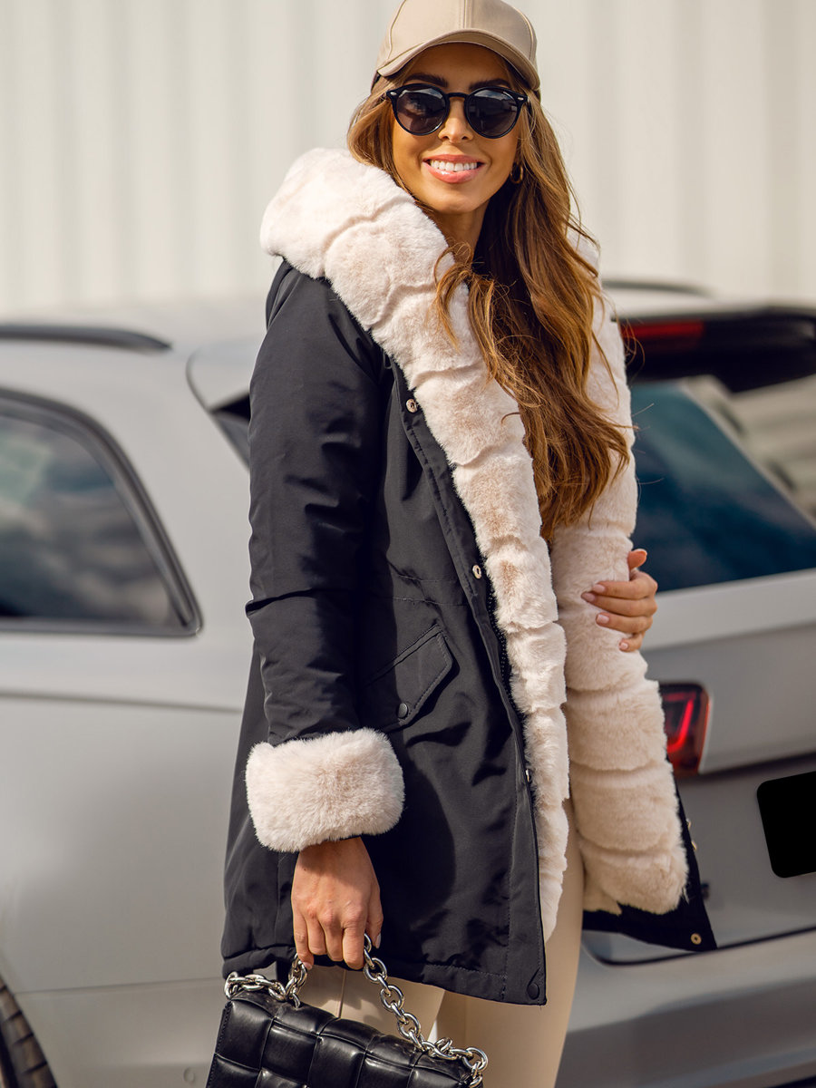 Giubbotto invernale tipo parka con cappuccio da donna nero Bolf 7033