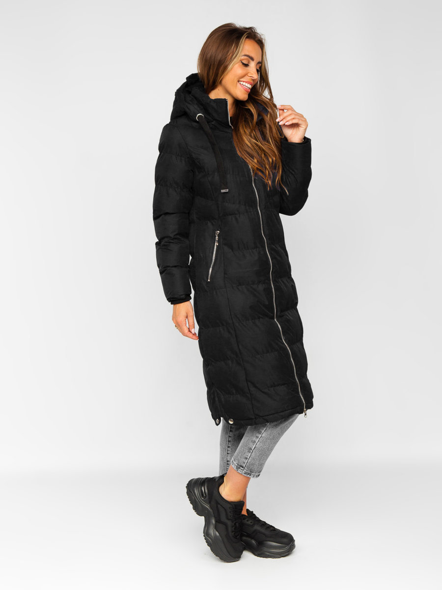 Giubbotto lungo trapuntato cappotto invernale con cappuccio da donna nero  Bolf 5M3162B