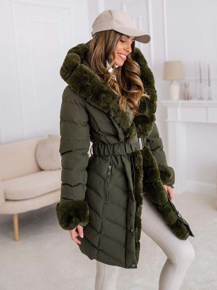 Giubbotto lungo trapuntato cappotto invernale con cappuccio da donna khaki  Bolf 5M3156