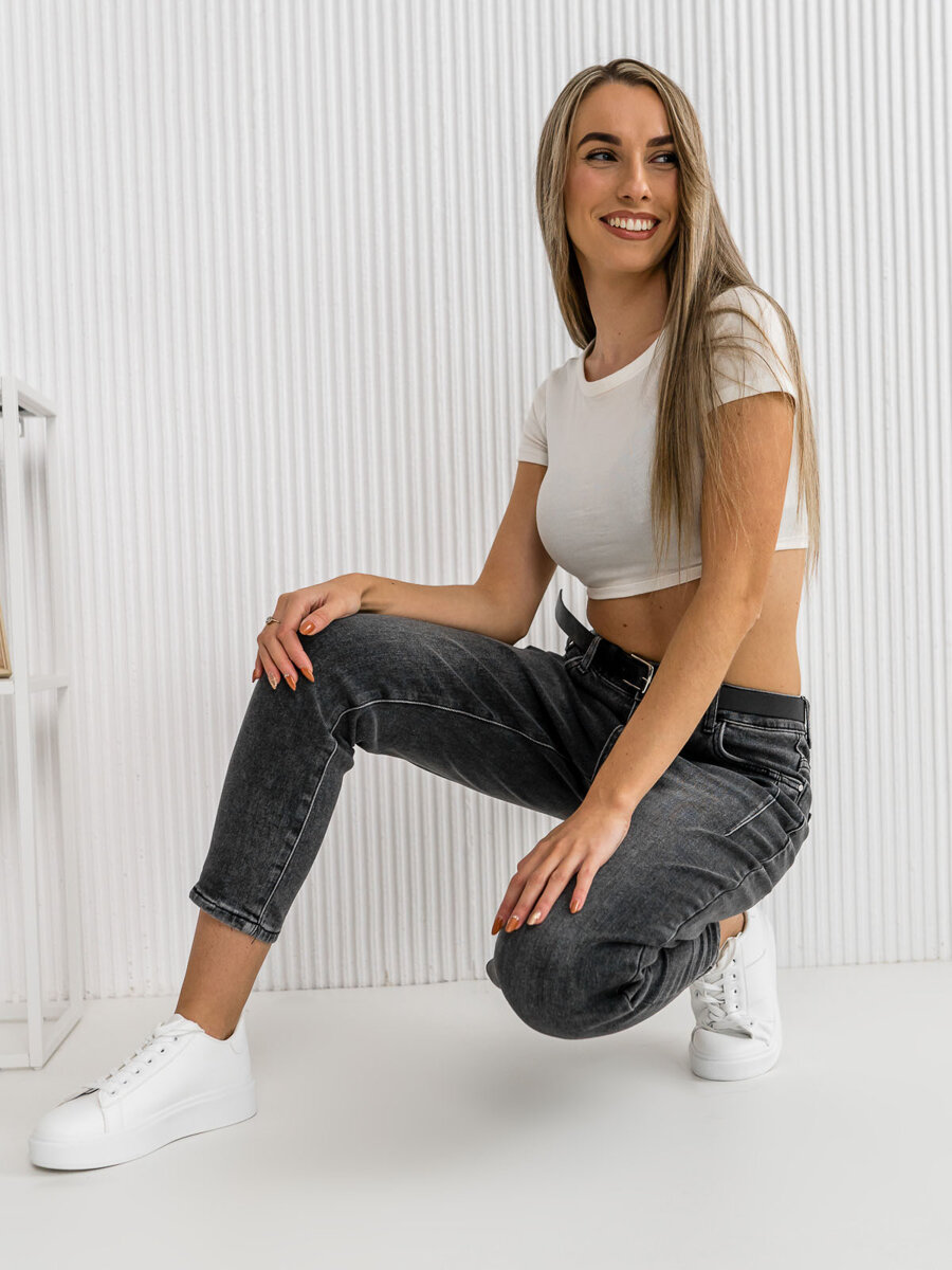 Pantaloni in jeans a vita alta con cintura da donna beige Bolf LA689