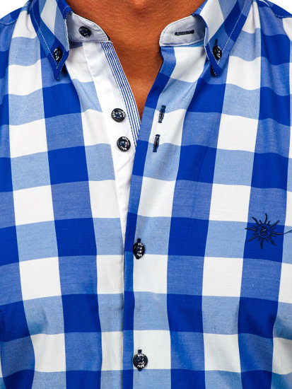 Camicia a manica corta a quadri da uomo blu fiordaliso Bolf 4508