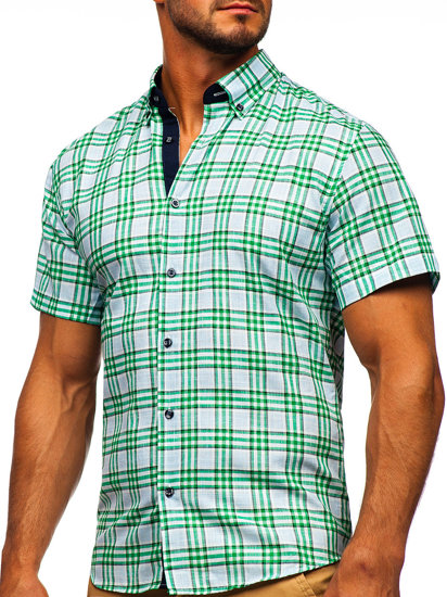 Camicia a manica corta a quadri da uomo verde Bolf 201501