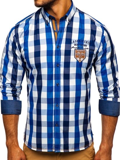 Camicia a quadri a manica lunga da uomo azzurra Bolf 1766-1