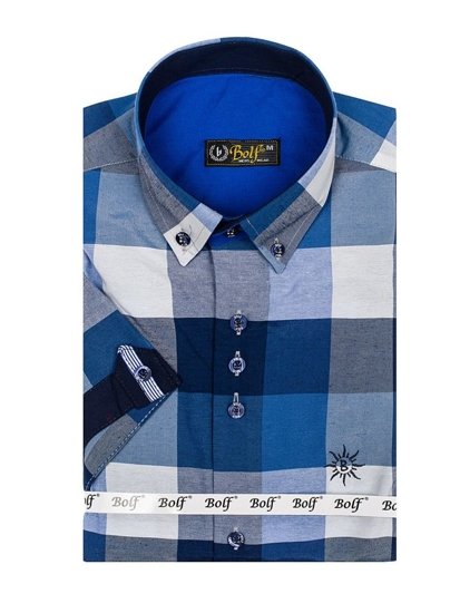 Camicia a quadri a manicha corta da uomo blu Bolf 5532