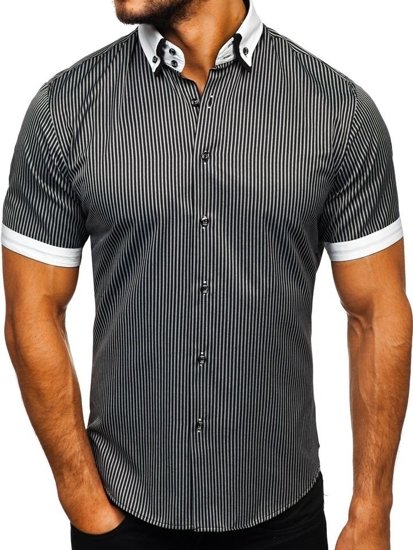 Camicia a righe a manica corta da uomo nera Bolf 1808