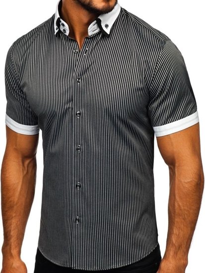 Camicia a righe a manica corta da uomo nera Bolf 1808