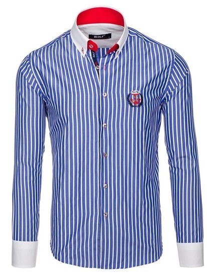 Camicia a righe a manica lunga da uomo azzurra Bolf 1771