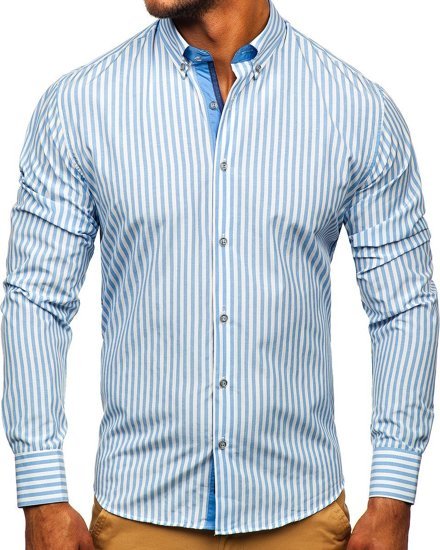 Camicia a righe a manica lunga da uomo celeste Bolf 20704