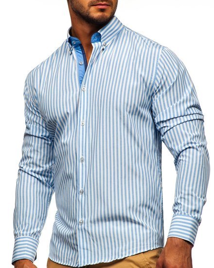 Camicia a righe a manica lunga da uomo celeste Bolf 20704