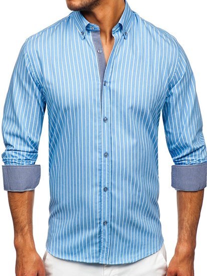 Camicia a righe a manica lunga da uomo celeste Bolf 20731