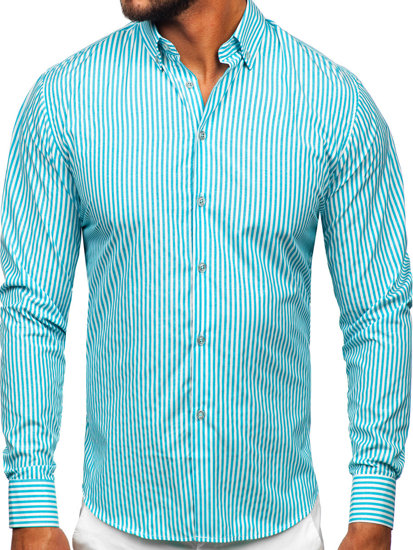 Camicia a righe a maniche lunghe da uomo turchese Bolf 22731