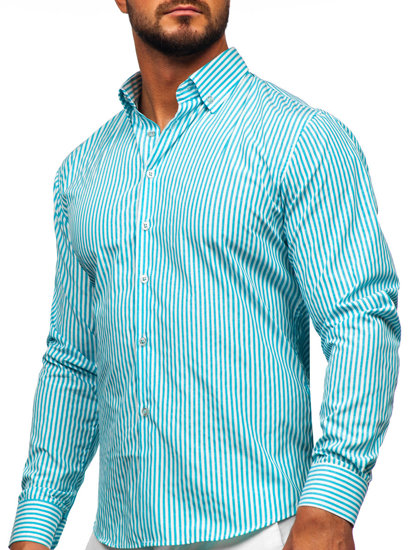 Camicia a righe a maniche lunghe da uomo turchese Bolf 22731