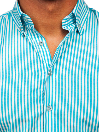 Camicia a righe a maniche lunghe da uomo turchese Bolf 22731