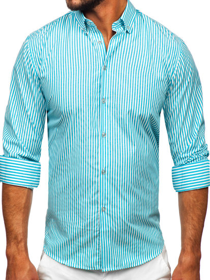 Camicia a righe a maniche lunghe da uomo turchese Bolf 22731