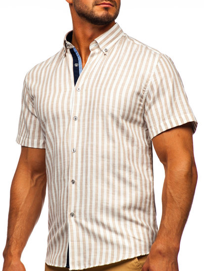 Camicia a righe a minica corta da uomo beige Bolf 21500