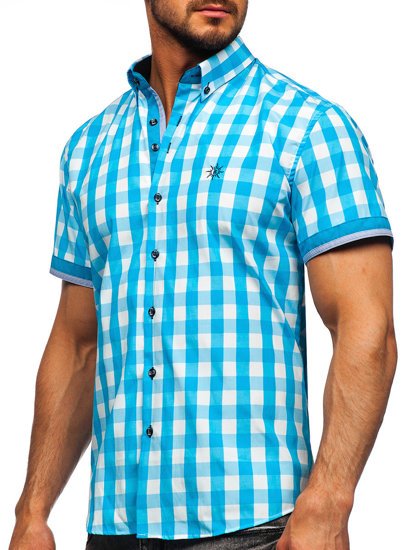 Camicia  a scacchi a manica corta da uomo celeste Bolf 4508