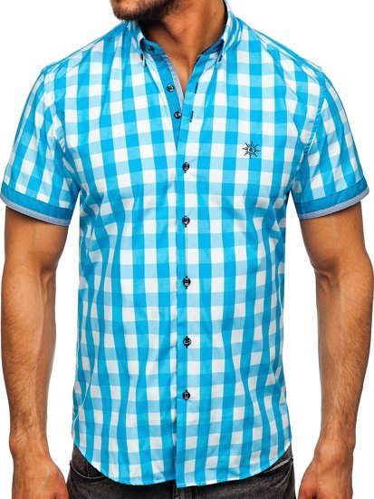 Camicia  a scacchi a manica corta da uomo celeste Bolf 4508