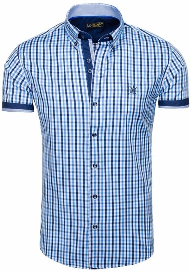 Camicia a scacchi a manica corta da uomo celeste Bolf 4510