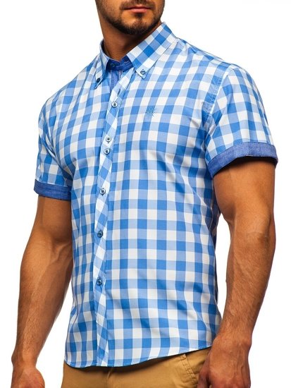 Camicia a scacchi a manica corta da uomo celeste Bolf 6522