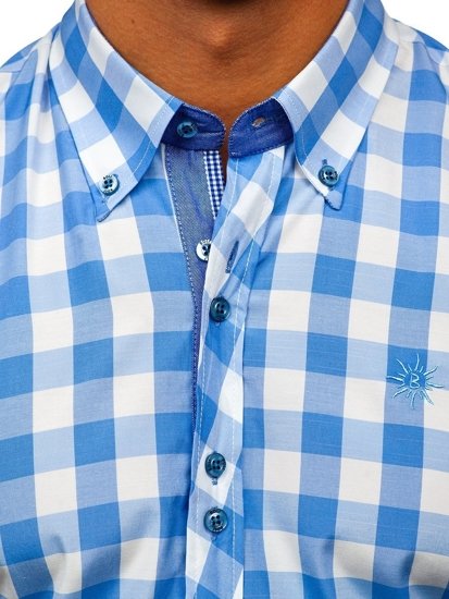 Camicia a scacchi a manica corta da uomo celeste Bolf 6522