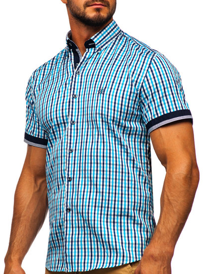 Camicia a scacchi a manica corta da uomo turchese Bolf 4510