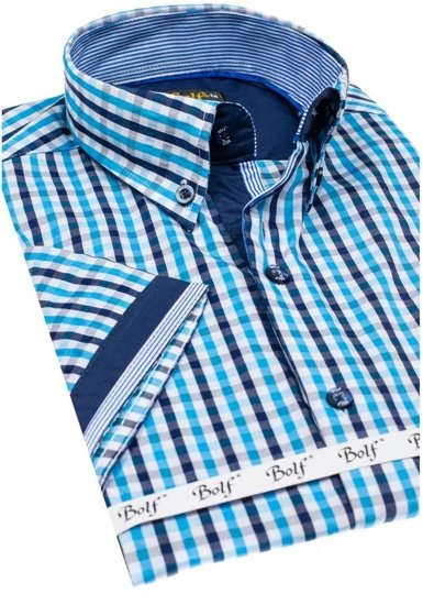 Camicia a scacchi a manica corta da uomo turchese Bolf 4510