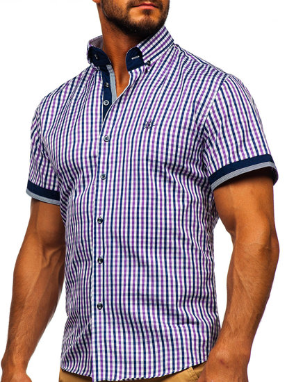 Camicia a scacchi a manica corta da uomo viola Bolf 4510