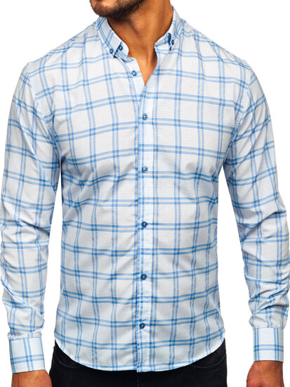 Camicia a scacchi a manica lunga da uomo azzurro Bolf 22749