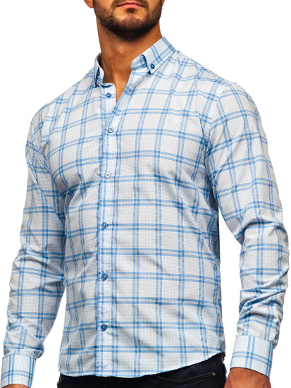 Camicia a scacchi a manica lunga da uomo azzurro Bolf 22749