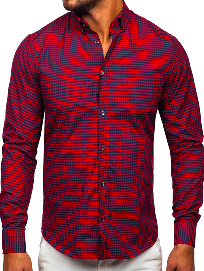 Camicia a scacchi a manica lunga da uomo bordò Bolf 22745