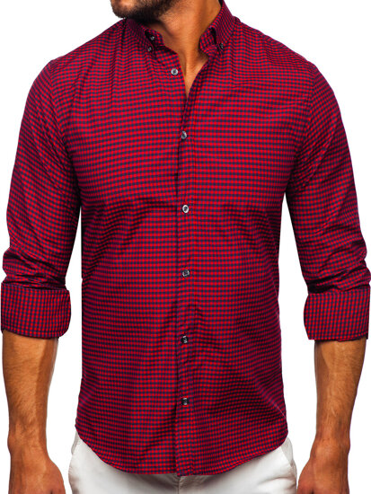 Camicia a scacchi a manica lunga da uomo bordò Bolf 22745