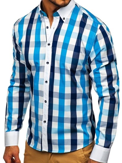 Camicia a scacchi a manica lunga da uomo turchese Bolf 9718