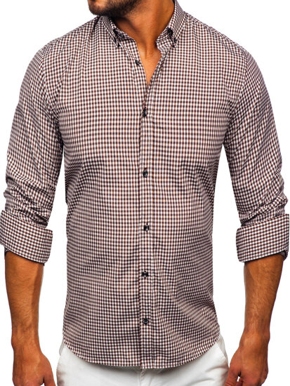 Camicia a scacchi a maniche lunghe da uomo marrone Bolf 22745