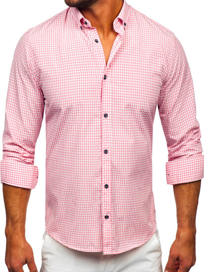 Camicia a scacchi a maniche lunghe da uomo rosa Bolf 22745