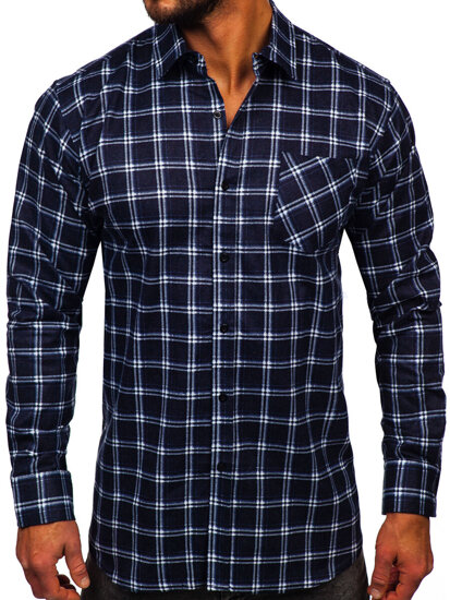 Camicia a scacchi di flanella a manica lunga da uomo blu Bolf F7