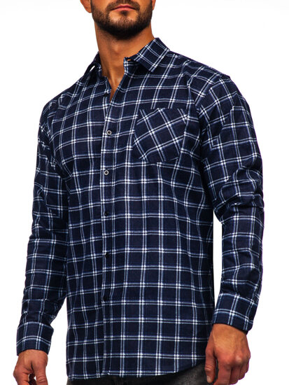 Camicia a scacchi di flanella a manica lunga da uomo blu Bolf F7