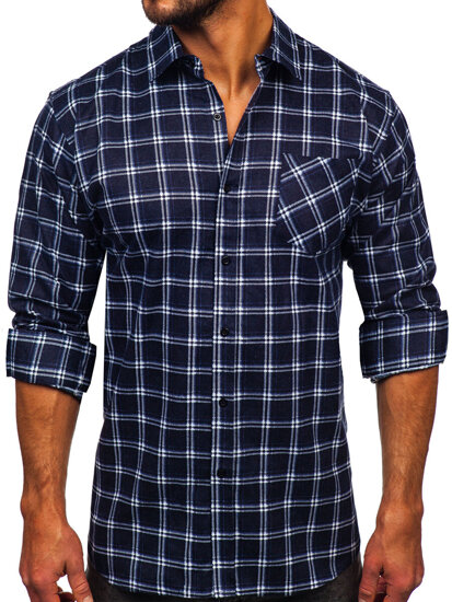 Camicia a scacchi di flanella a manica lunga da uomo blu Bolf F7