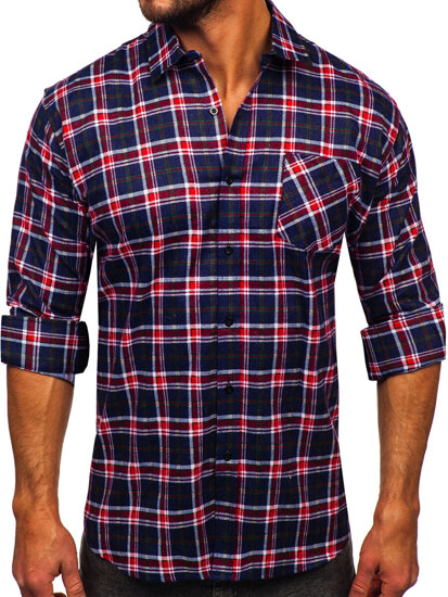 Camicia a scacchi di flanella a manica lunga da uomo blu-rossa Bolf F7