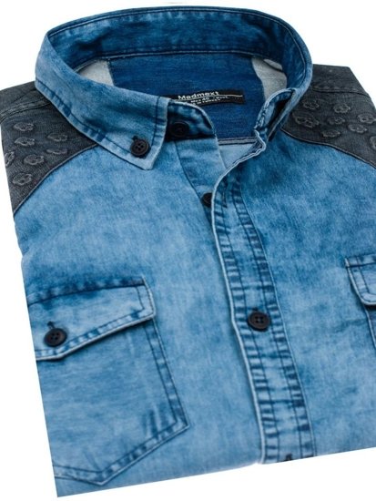 Camicia denim in motivo a manica lunga da uomo azzurra Bolf 0517