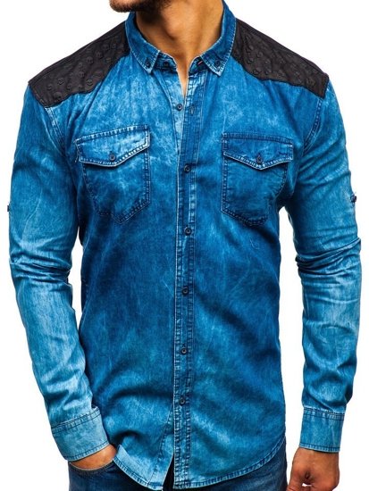 Camicia denim in motivo a manica lunga da uomo azzurra Bolf 0517