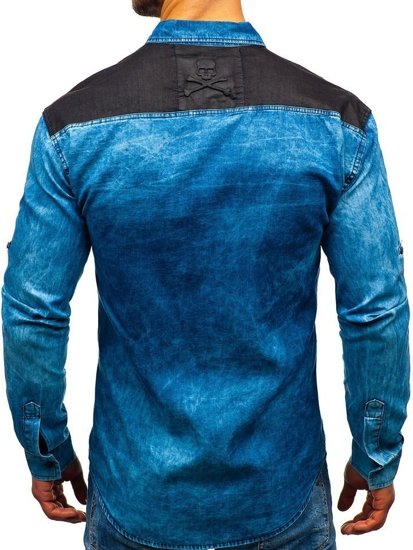 Camicia denim in motivo a manica lunga da uomo azzurra Bolf 0517